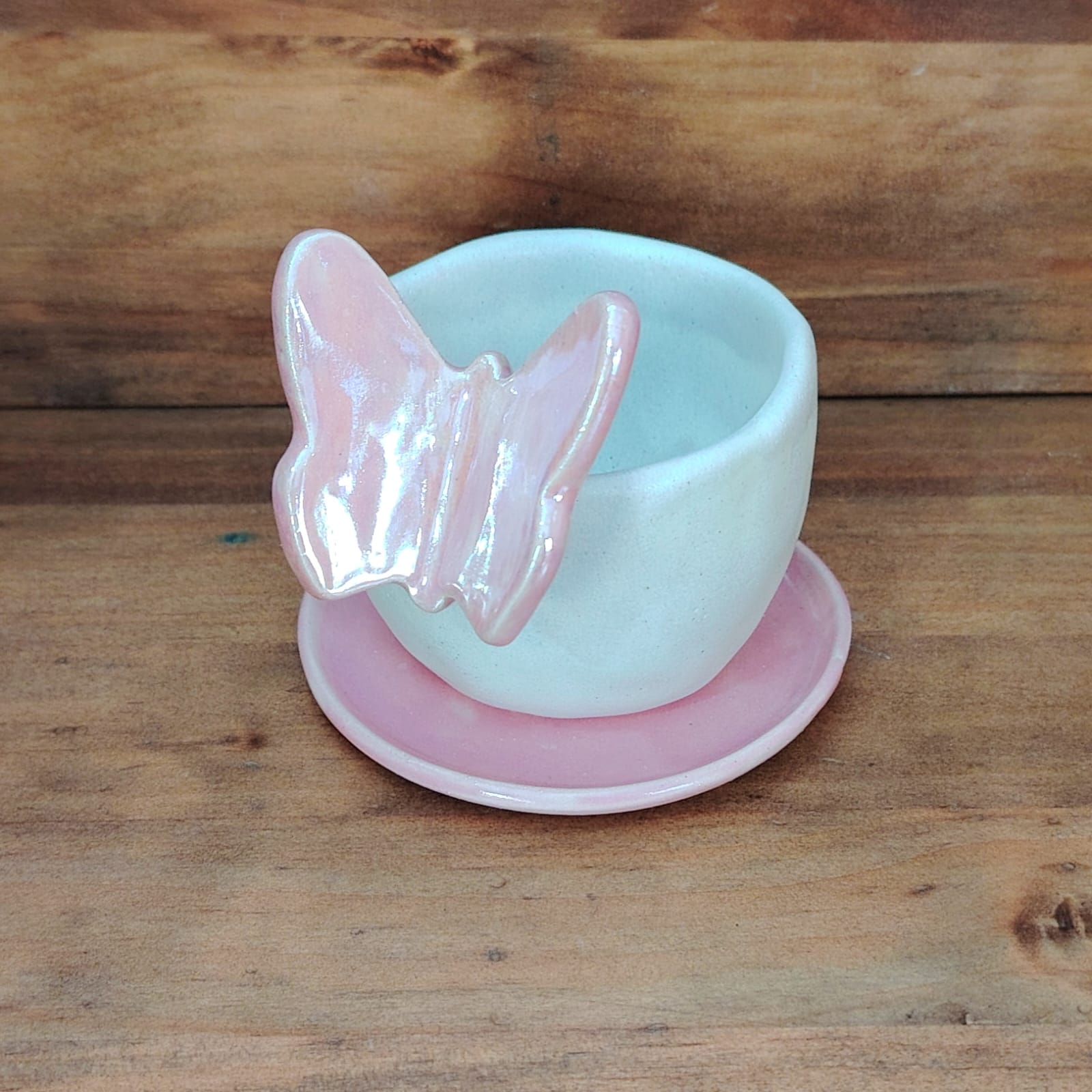 Tacita + Plato Mariposa Rosa Tornasol