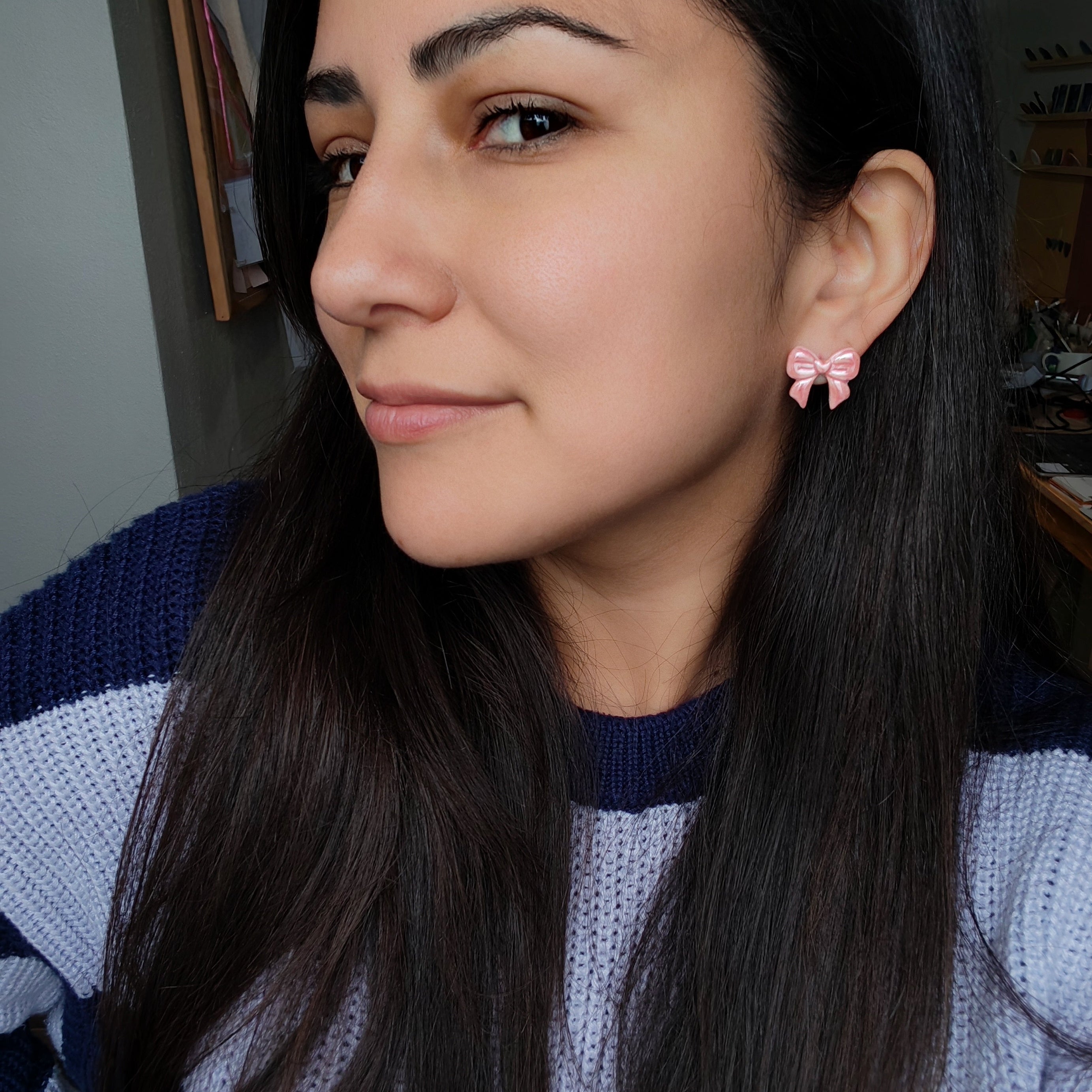 Aros Lazo Grande Rosa con brillo Nácar